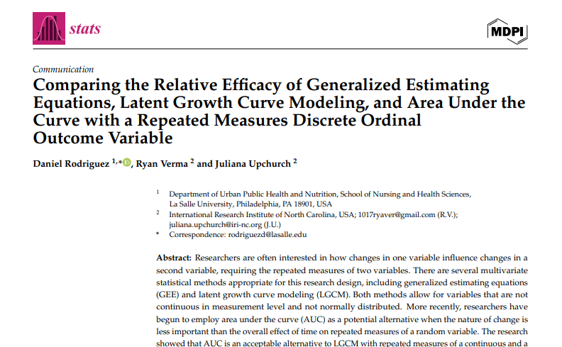 Paper: Comparing the Relative Efficacy of Generalized Estimating Equations, Latent Growth Curve Modeling, and Area Under the Curve with a Repeated Measures Discrete Ordinal Outcome Variable